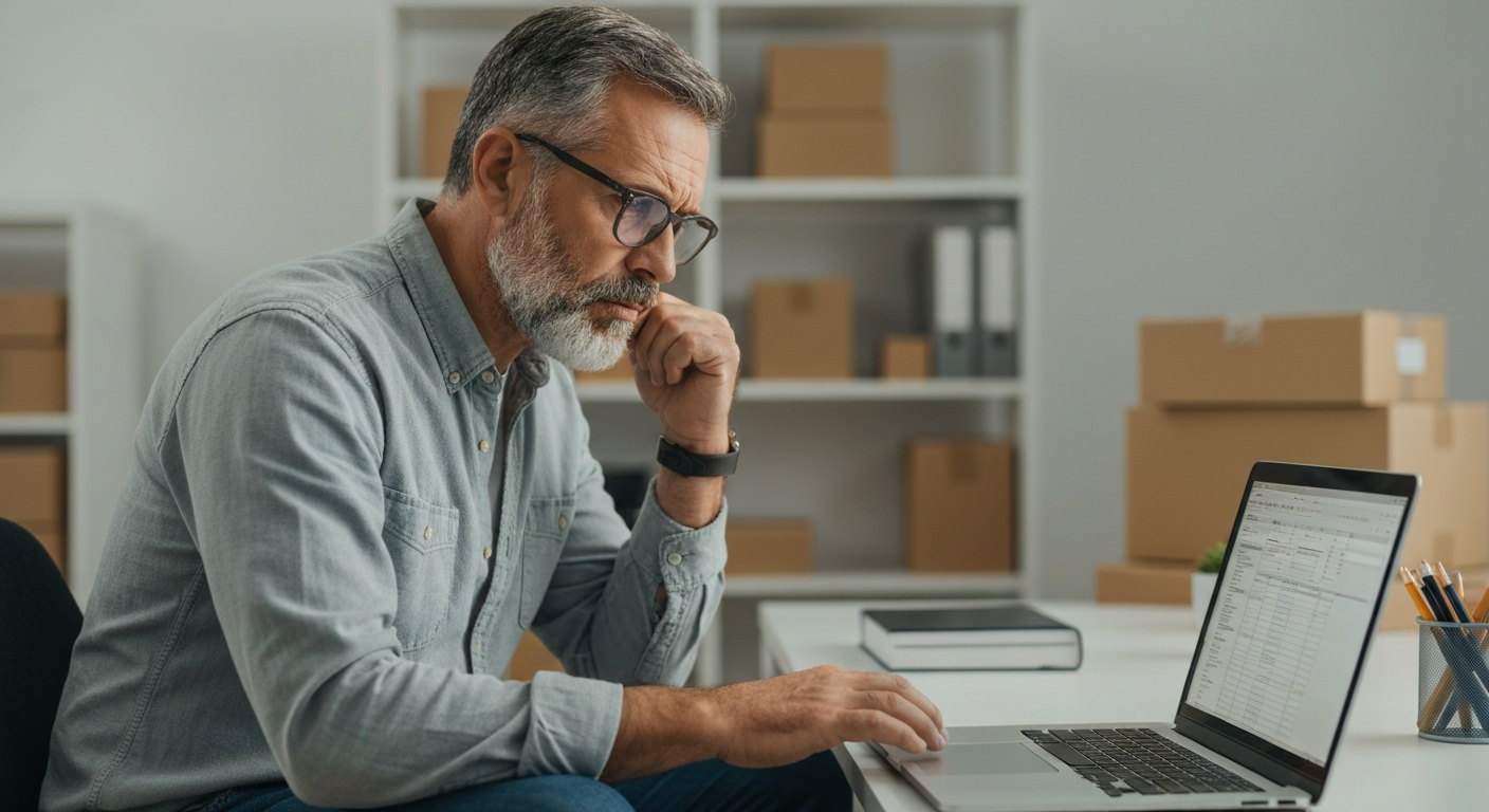 Confused Amazon seller looking at laptop while identifying red flags in an Amazon ads agency for 7-figure sellers.