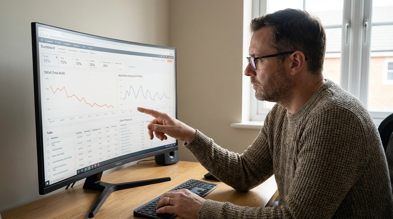  Amazon ads agency for 7-figure sellers: 7-figure Amazon seller reviewing PPC campaign data with agency partner on laptop screen