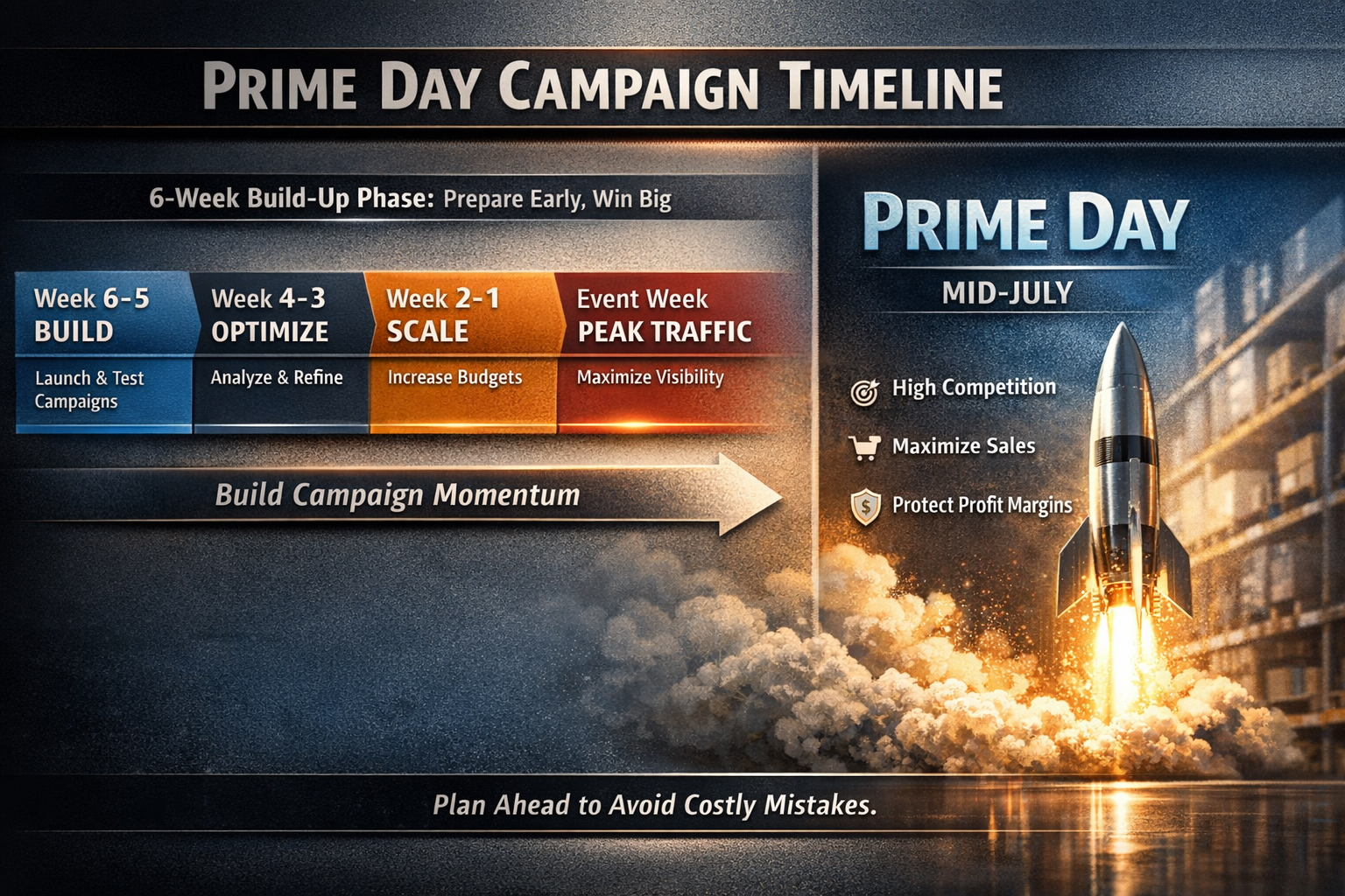 Amazon PPC Seasonal Budget Allocation by Contribution Margin Amazon PPC seasonal calendar Prime Day timeline showing 6-week campaign build phase before event
