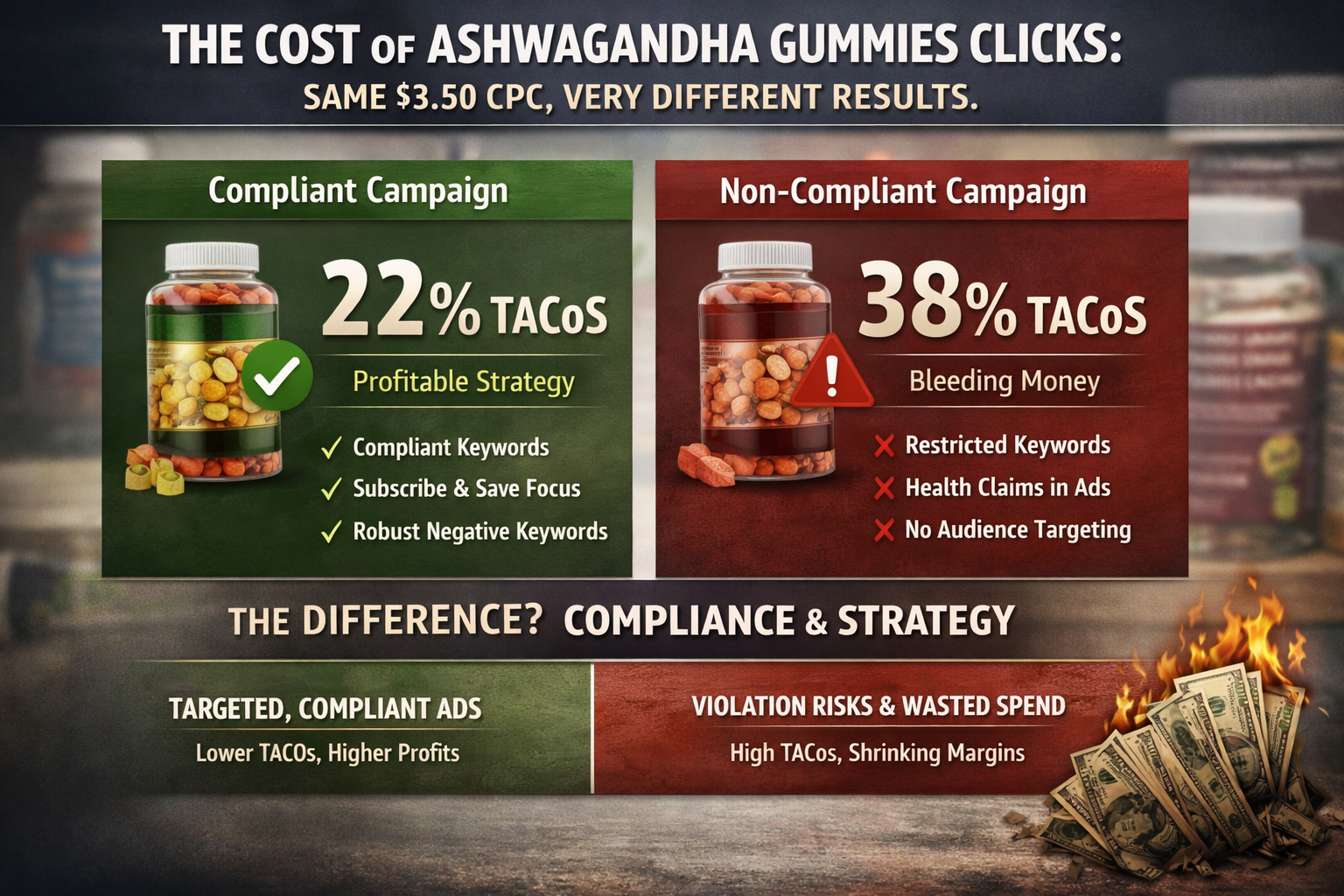 Amazon PPC for supplement brands showing TACoS comparison between compliant and non-compliant campaigns
