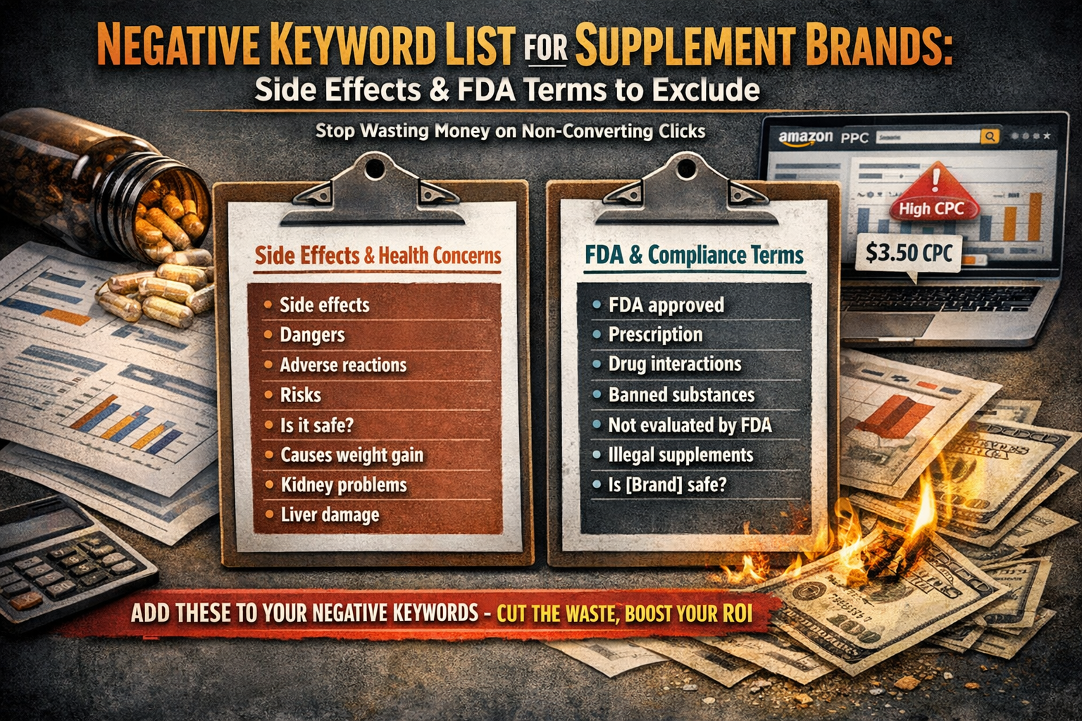 Amazon PPC for supplement brands negative keyword list showing side effects and FDA terms to exclude