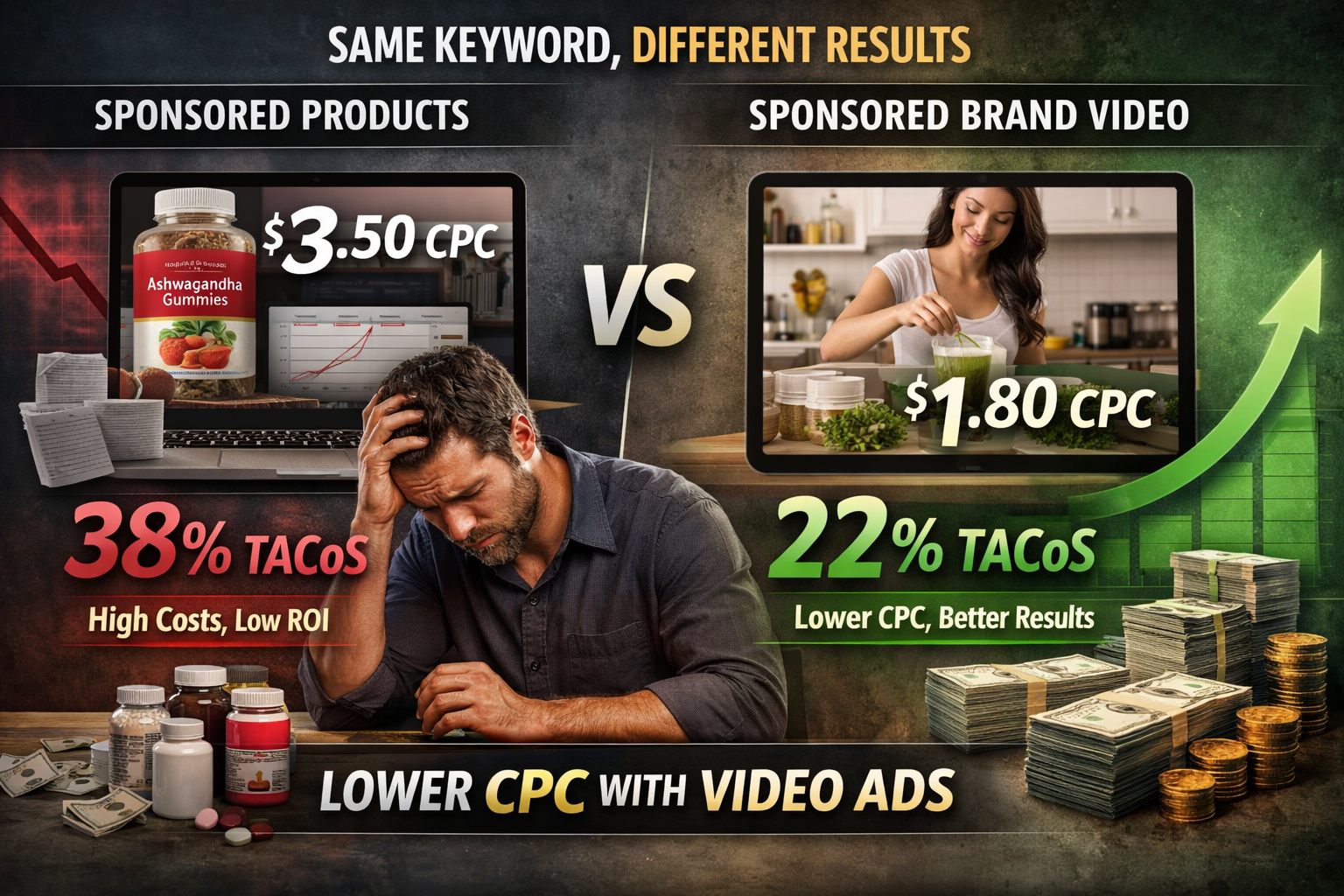 Sponsored Brand Video results for supplement brands showing lower CPC compared to Sponsored Products