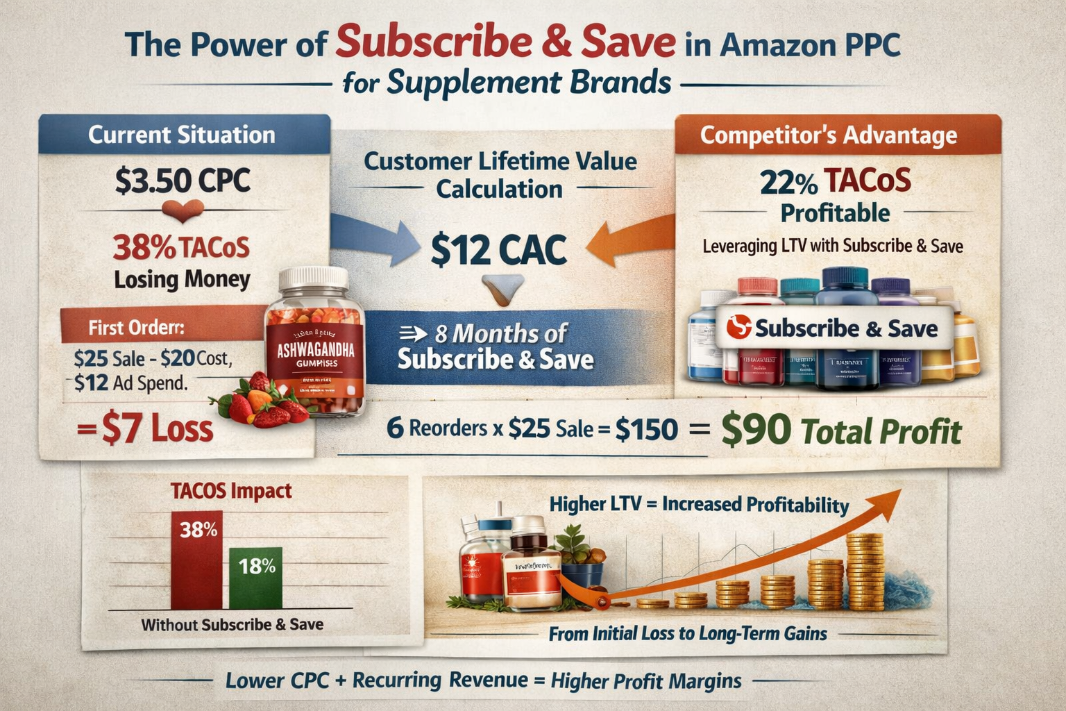 Customer lifetime value calculation showing how Subscribe & Save affects Amazon PPC for supplement brands
