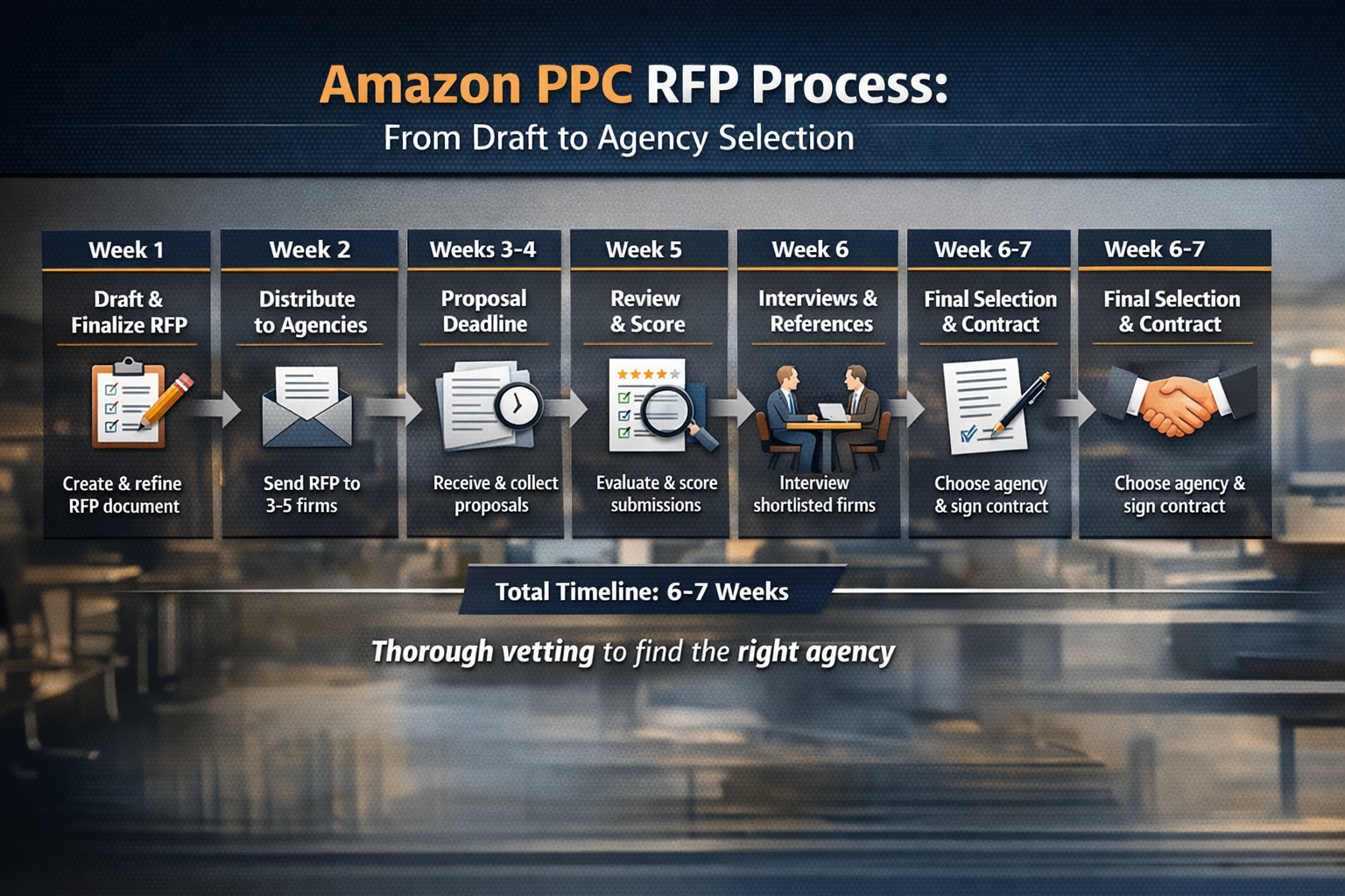 Timeline showing six-week Amazon PPC RFP process from draft to agency selection and contracting
