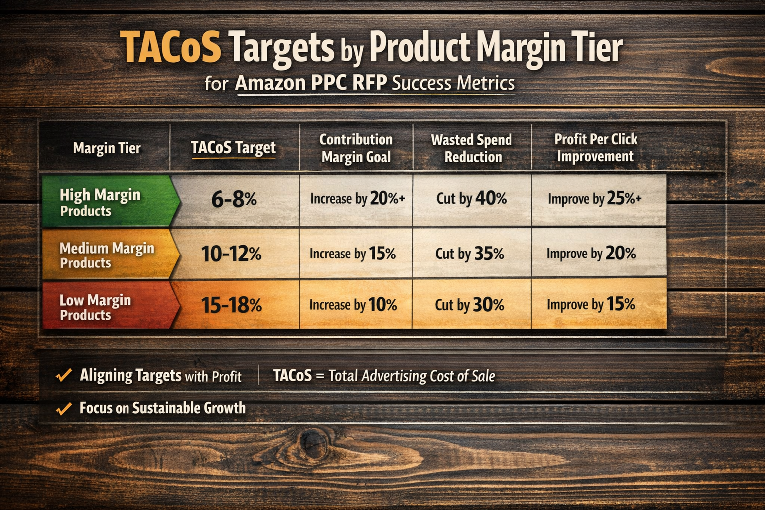 Table showing TACoS targets calculated by product margin tier for Amazon PPC RFP success metrics