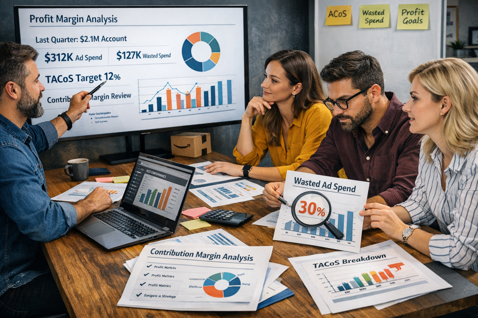 Amazon PPC Agency Strategy Session Analyzing Profit Metrics Amazon ppc management agency team reviewing profit margins, TACoS targets, and contribution margin analysis