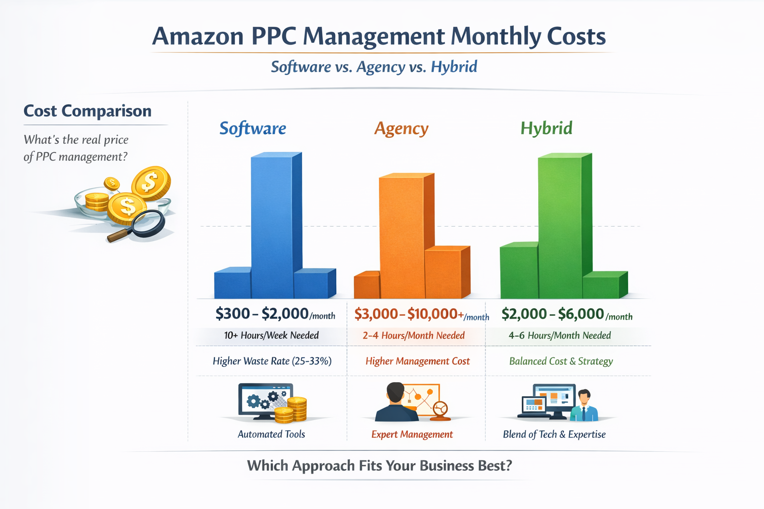 Amazon PPC Management Cost Comparison: Software vs Agency vs Hybrid Cost comparison chart showing amazon ppc management monthly expenses for software, agency, and hybrid approaches