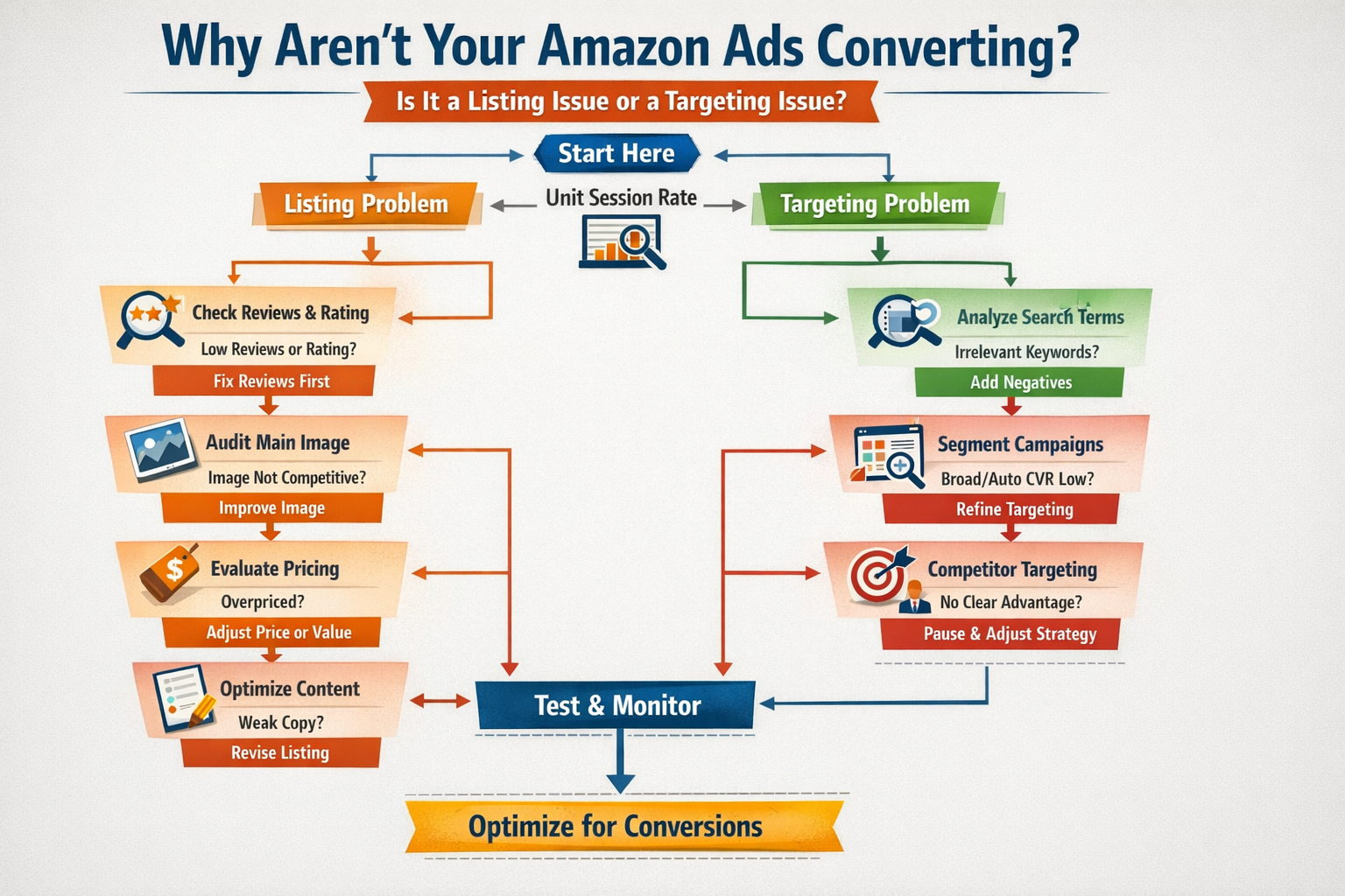 Step-by-step flowchart showing how to diagnose whether amazon ads aren't converting due to listing or targeting issues