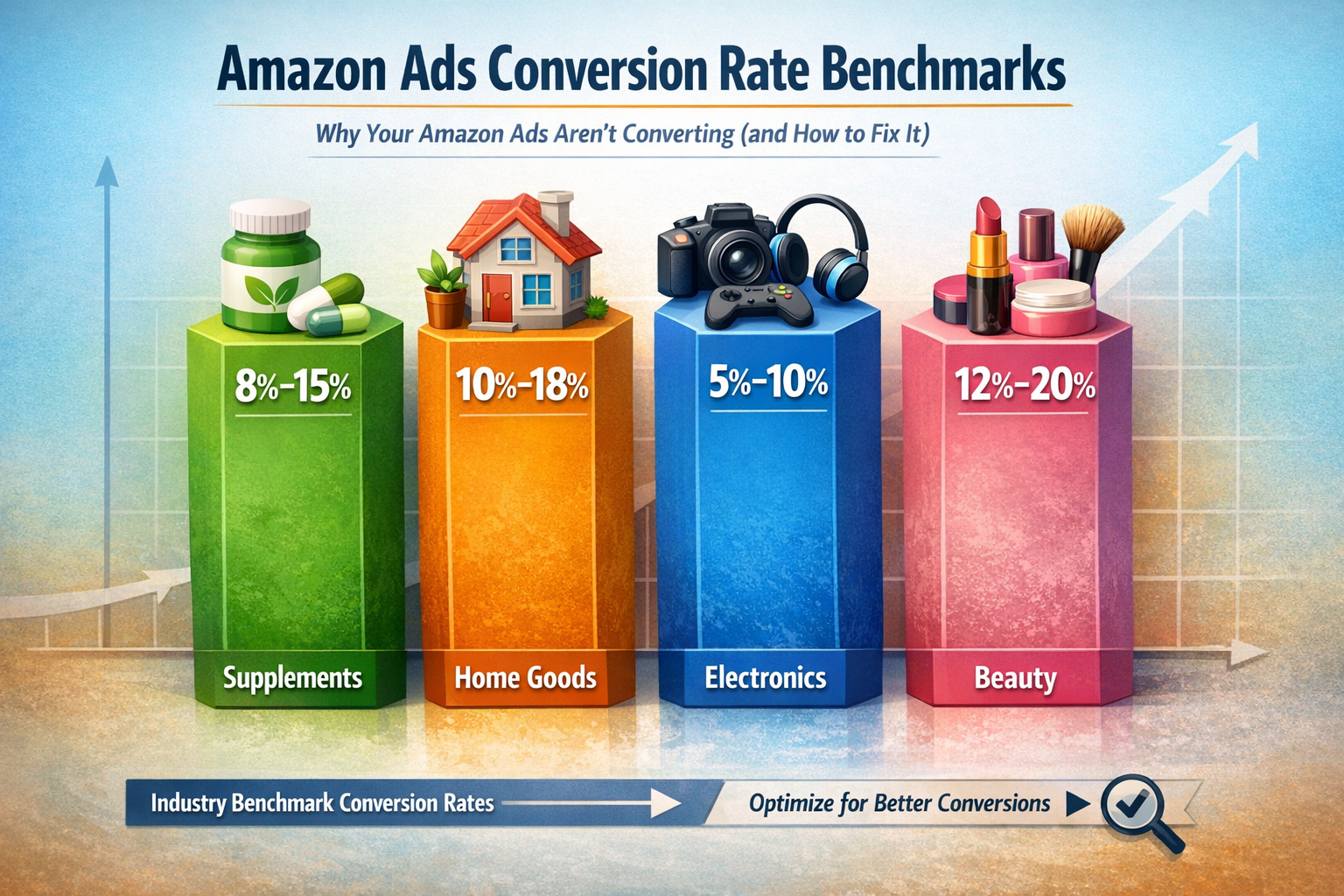 Chart showing amazon ads conversion rate benchmarks across supplements, home goods, electronics, and beauty categories