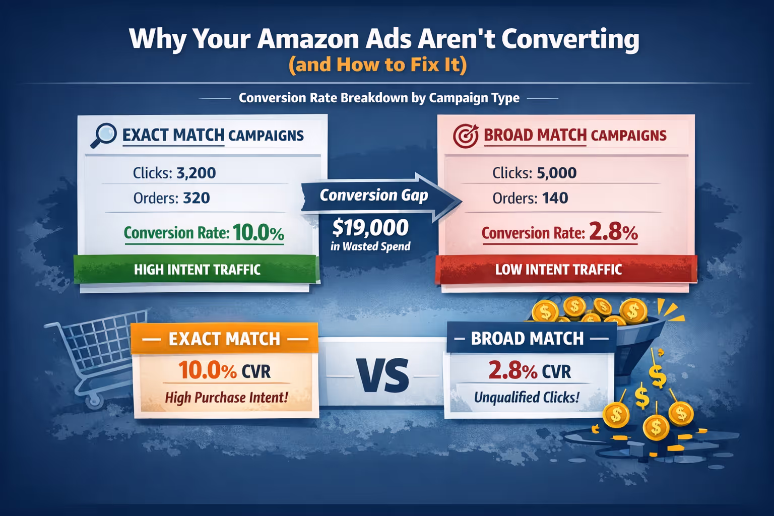 Example of Amazon search term report highlighting conversion rate differences between exact match and broad match campaigns for amazon ads.