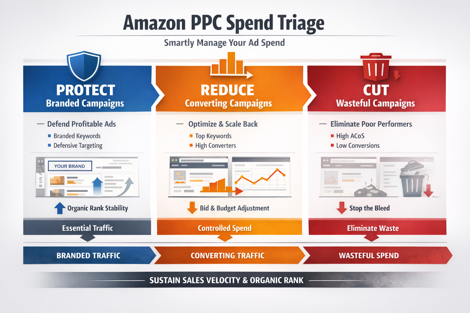 Visual framework showing how to triage Amazon PPC spend across branded, converting, and wasteful campaigns