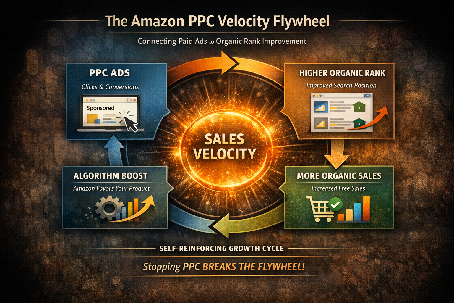Diagram illustrating the Amazon PPC velocity flywheel connecting paid ads to organic rank improvement