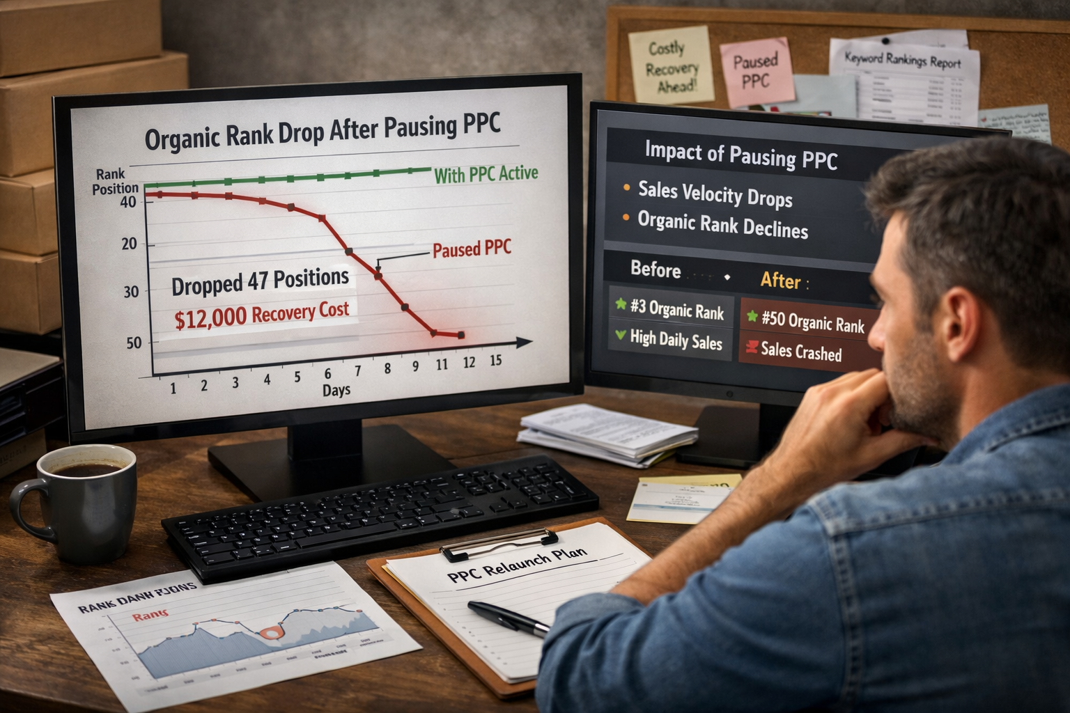 Amazon seller analyzing PPC campaign performance data showing the impact of pausing Amazon PPC on organic sales rank
