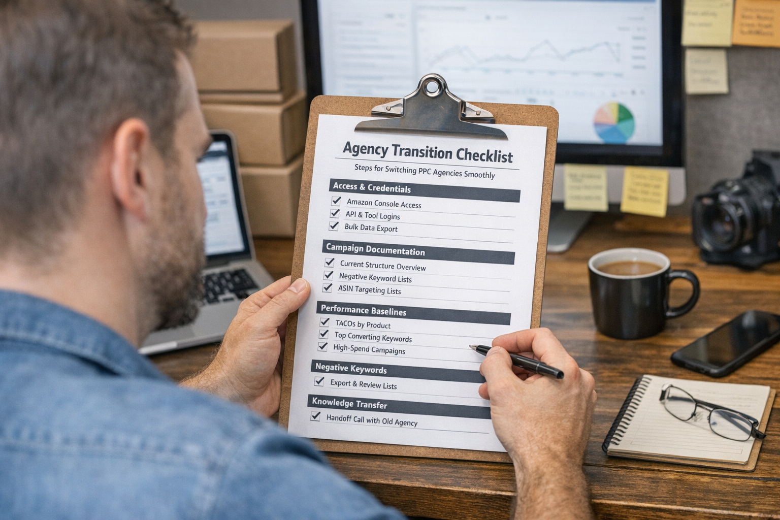 Amazon seller reviewing PPC agency transition checklist to switch PPC agencies smoothly