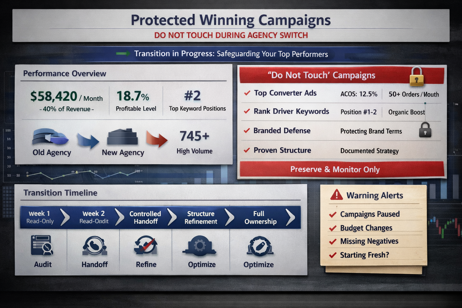 Dashboard showing protected winning campaigns with do not touch status during switch PPC agencies transition