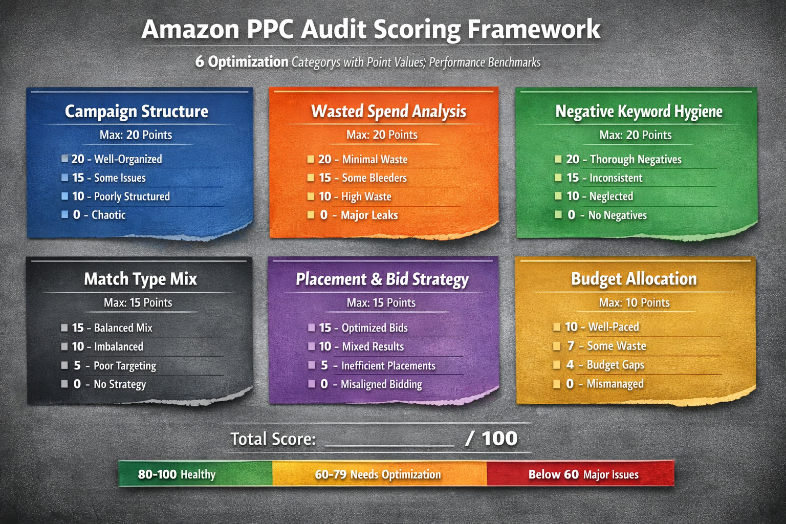 Amazon PPC Audit Scoring Framework with Six Category Breakdown Amazon ppc audit scoring framework showing six optimization categories with point values and performance benchmarks