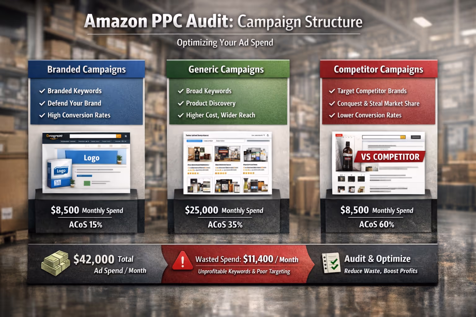 Proper Amazon PPC Campaign Structure and Organization Well-organized amazon ppc audit campaign structure separating branded, generic, and competitor campaigns