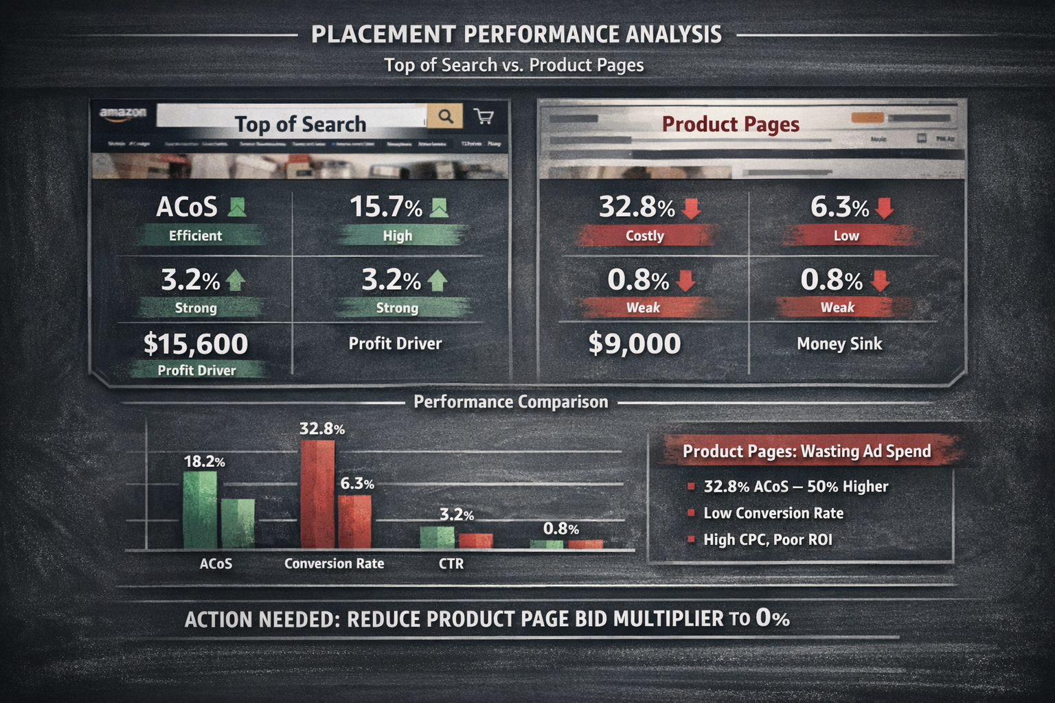 Amazon PPC Placement Performance Analysis by Location Amazon ppc audit placement tab showing performance comparison between top of search and product pages