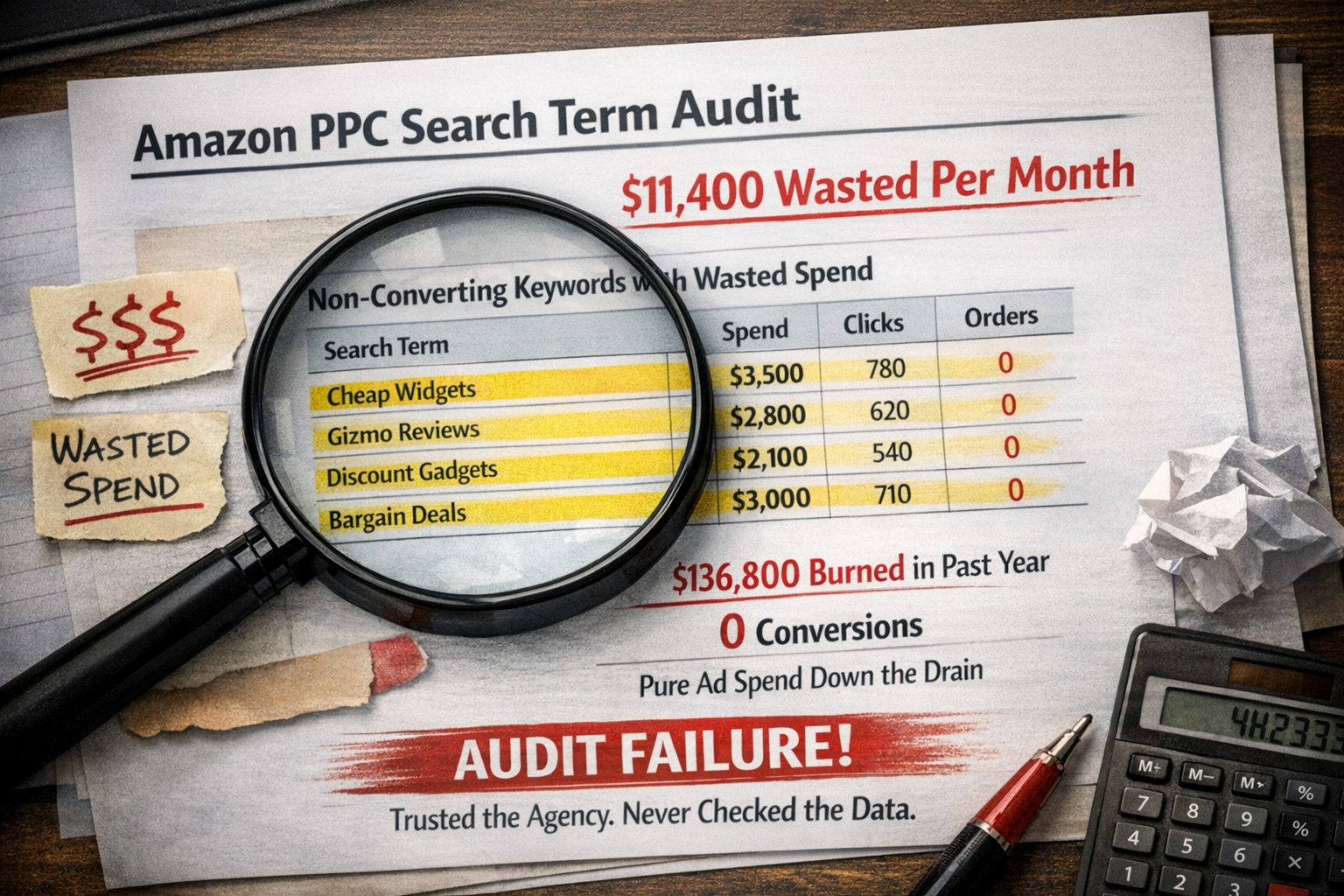 Amazon PPC Search Term Report Showing Wasted Ad Spend Amazon ppc audit search term report highlighting non-converting keywords with wasted ad spend