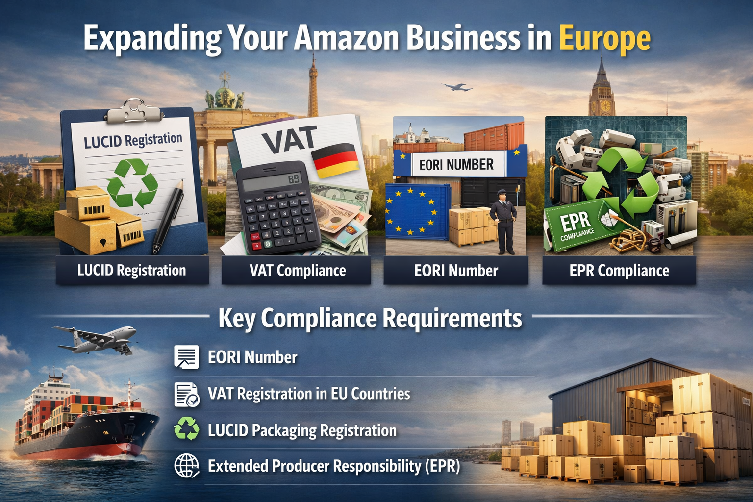 Amazon Europe expansion compliance requirements including LUCID registration, VAT, EORI, and EPR