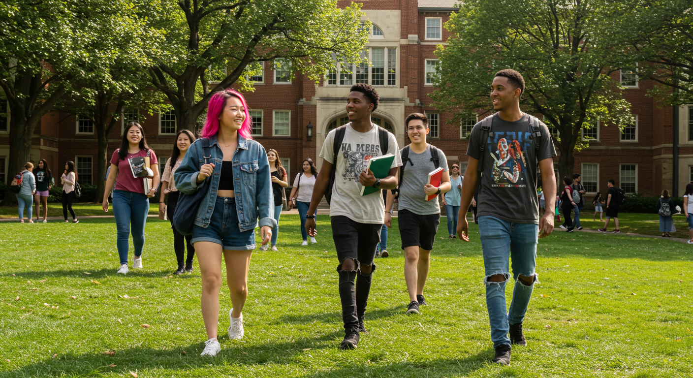 Group of college students walking and talking on campus, benefiting from campus mental health programs.