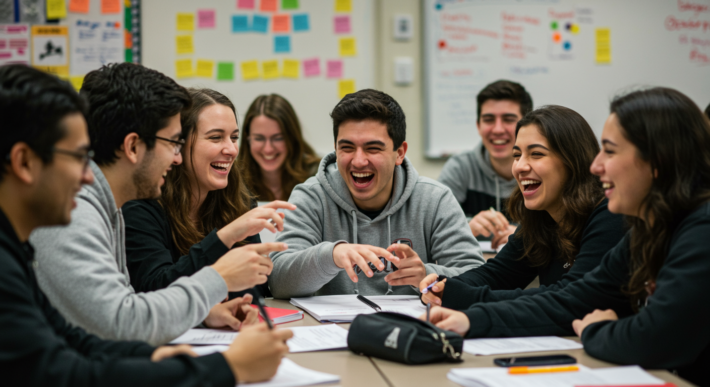 Group of college students laughing and discussing in a classroom during campus mental health programs.