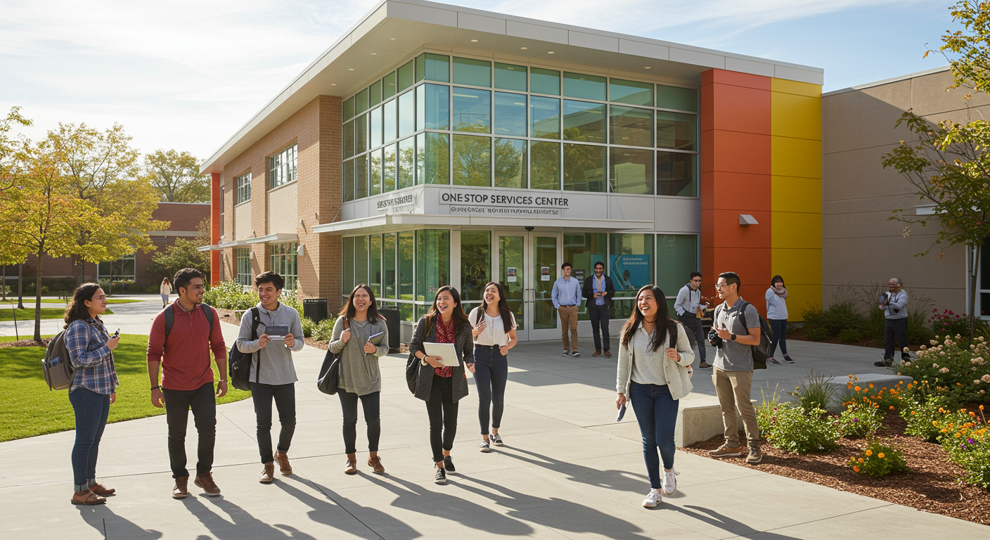 Happy successful students inside a campus supported by a one stop student services center.