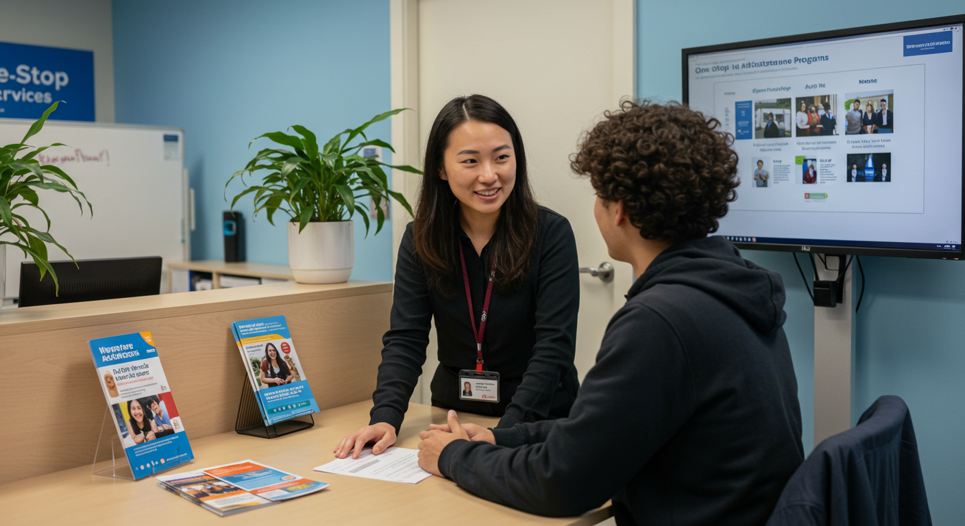 One stop student services staff assisting a student and discussing possible assistance programs inside the office.
