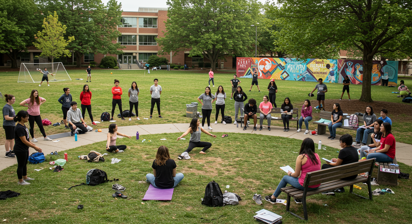 College students participating in campus wellness activities and mental health support programs as part of student burnout prevention strategies.

2️⃣
