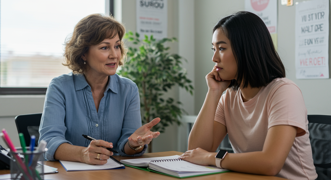 A school guidance counselor talking to a college student about student burnout prevention strategies, offering advice on managing stress and staying motivated.