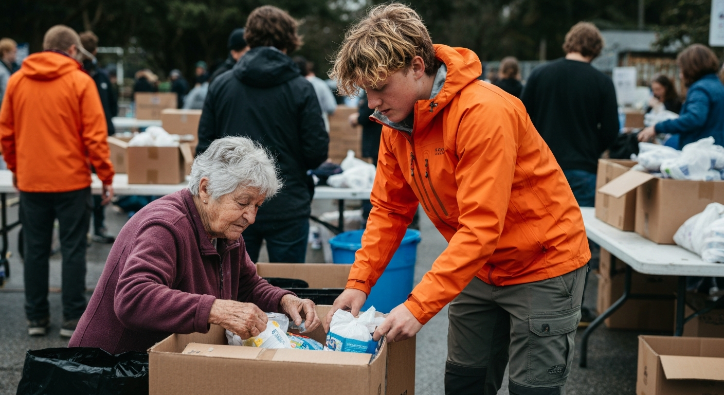 College student volunteering to help typhoon victims, demonstrating social responsibility as part of the 8 dimensions of wellness college framework.