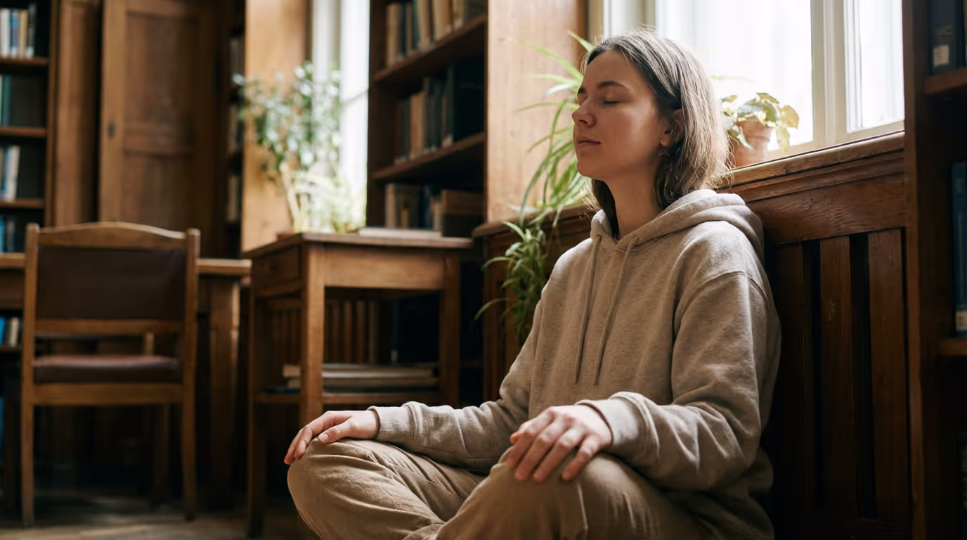 College student practicing mindfulness meditation for stress relief
