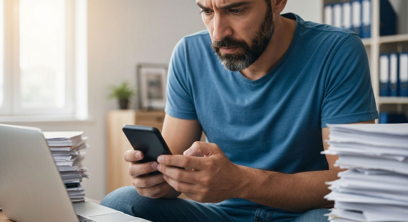 Parent concerned reviewing college student warning signs Parent looking concerned while reviewing downloadable college student warning signs checklist on smartphone