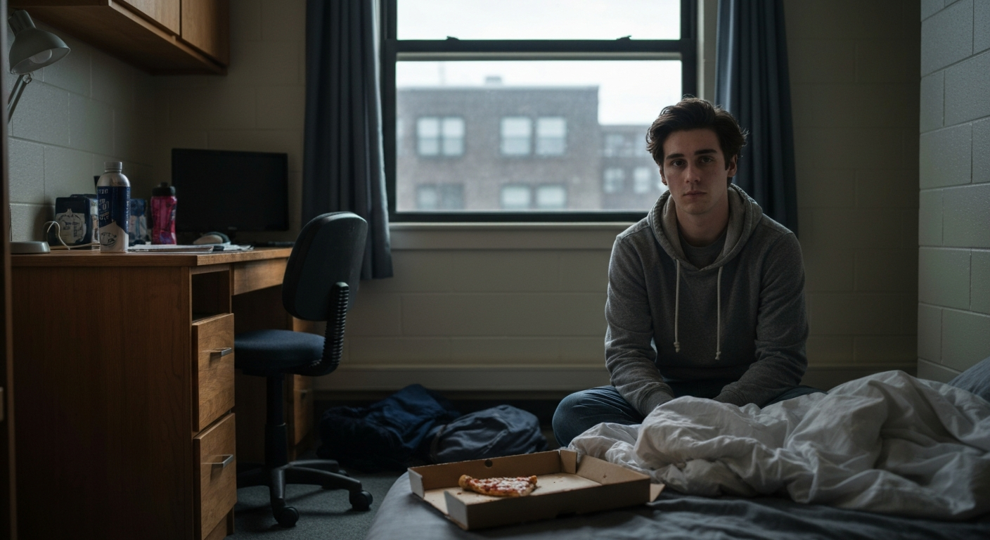 Behavioral warning signs including social isolation and neglecting self-care College student alone in dorm room showing behavioral warning signs including social isolation and neglecting self-care
