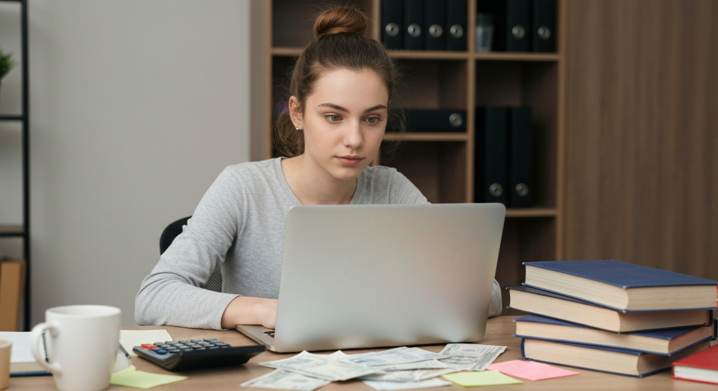 College student managing finances and textbooks representing financial stress as a leading college dropout reason
