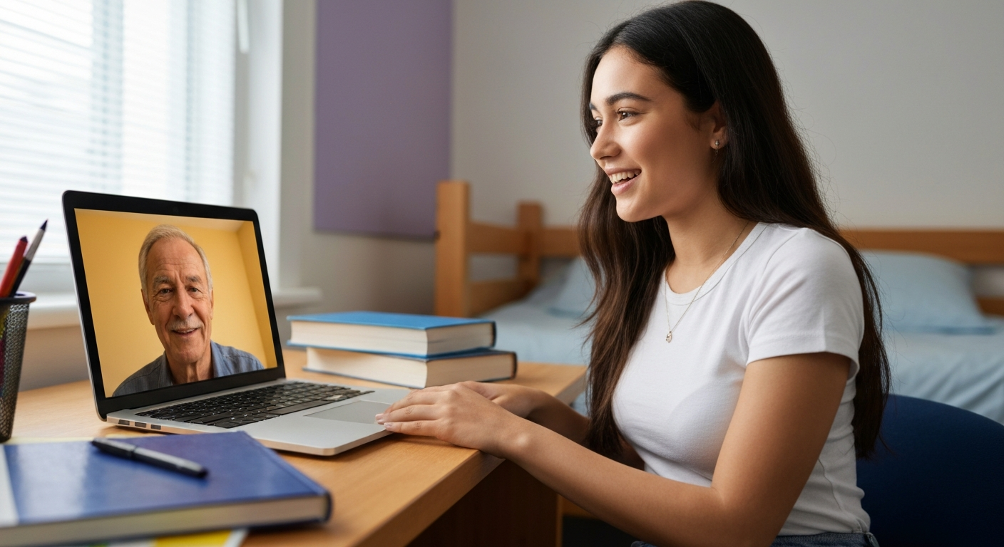 Parent offering support to a college student during a video call, strengthening communication to help prevent dropout linked to common college dropout reasons.