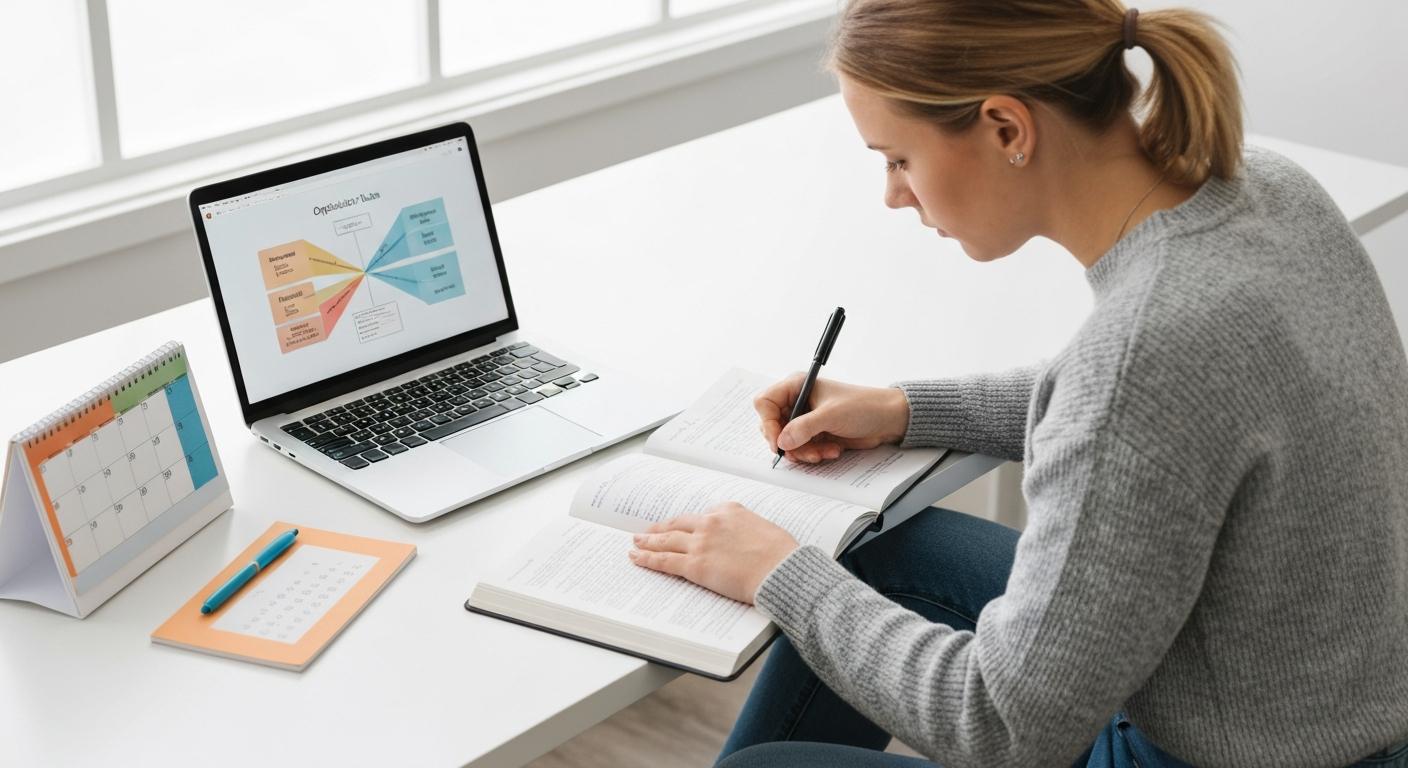 College student creating a specific plan of action with a calendar, checklist, and study materials, demonstrating college student resilience and effective strategic planning.