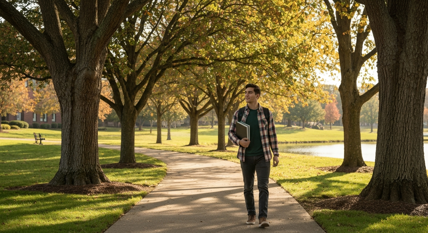 College student reflecting on past setbacks while looking ahead optimistically, symbolizing growth and college student resilience through challenges