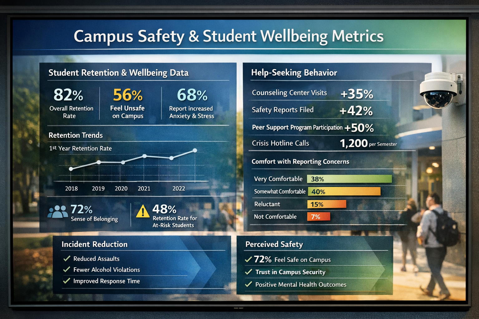 Campus Safety and Student Wellbeing Retention Metrics Dashboard Campus safety and student wellbeing metrics dashboard showing retention and help-seeking behavior data