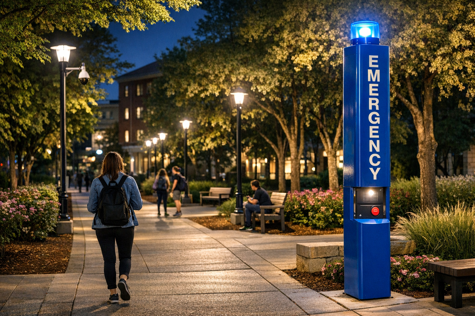 Campus Safety and Student Wellbeing - Well-Lit Campus Walkway Campus safety and student wellbeing shown through well-lit outdoor campus walkway with emergency call stations