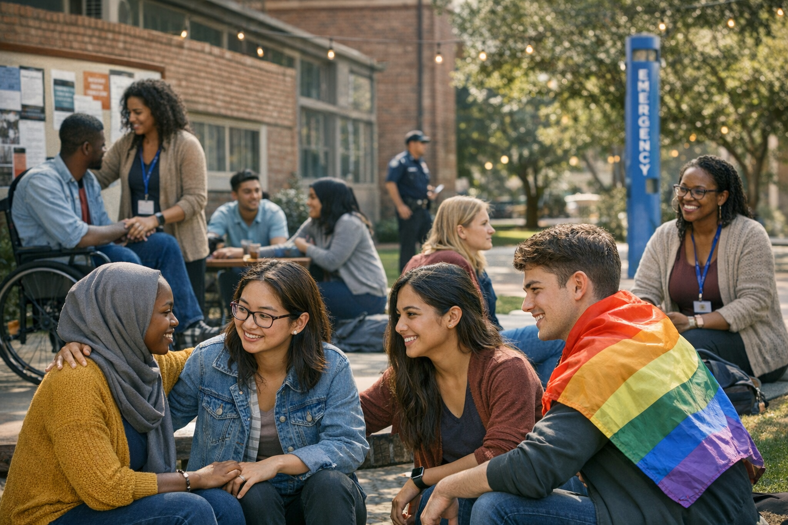 Psychological Safety Campus Community Student Engagement Psychological safety on campus showing diverse students engaging in supportive community environment