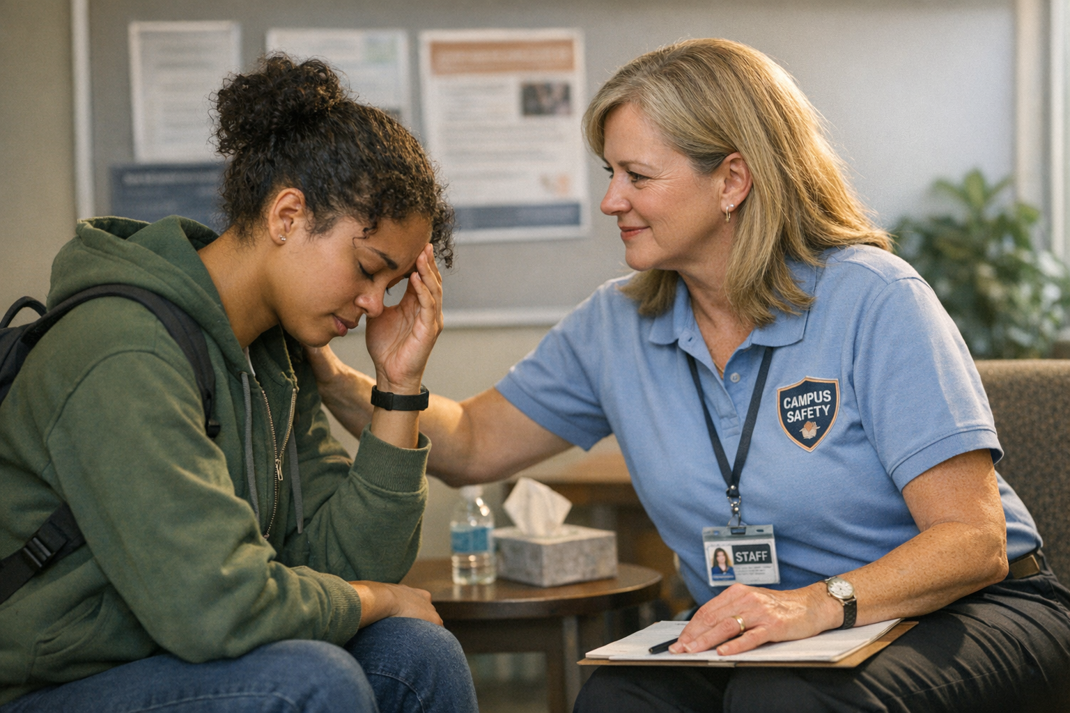 Trauma-Informed Campus Safety Student Support Services Trauma-informed campus safety practices showing student receiving support from trained staff member