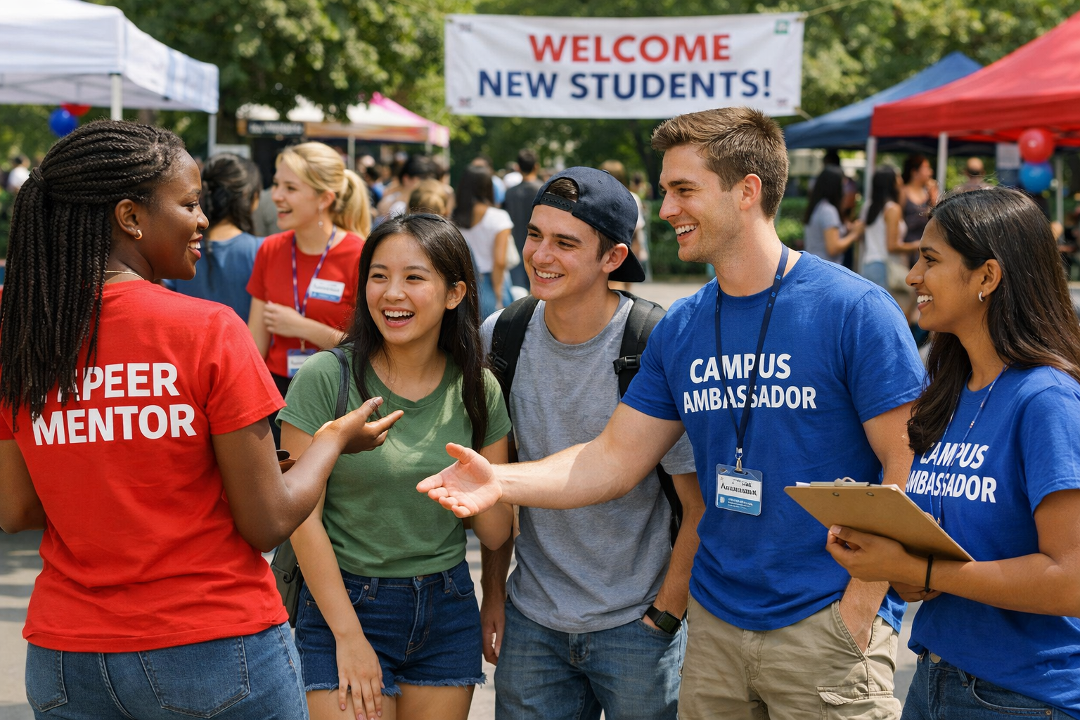 Peer mentors and ambassadors helping students connect during campus events and orientation programming