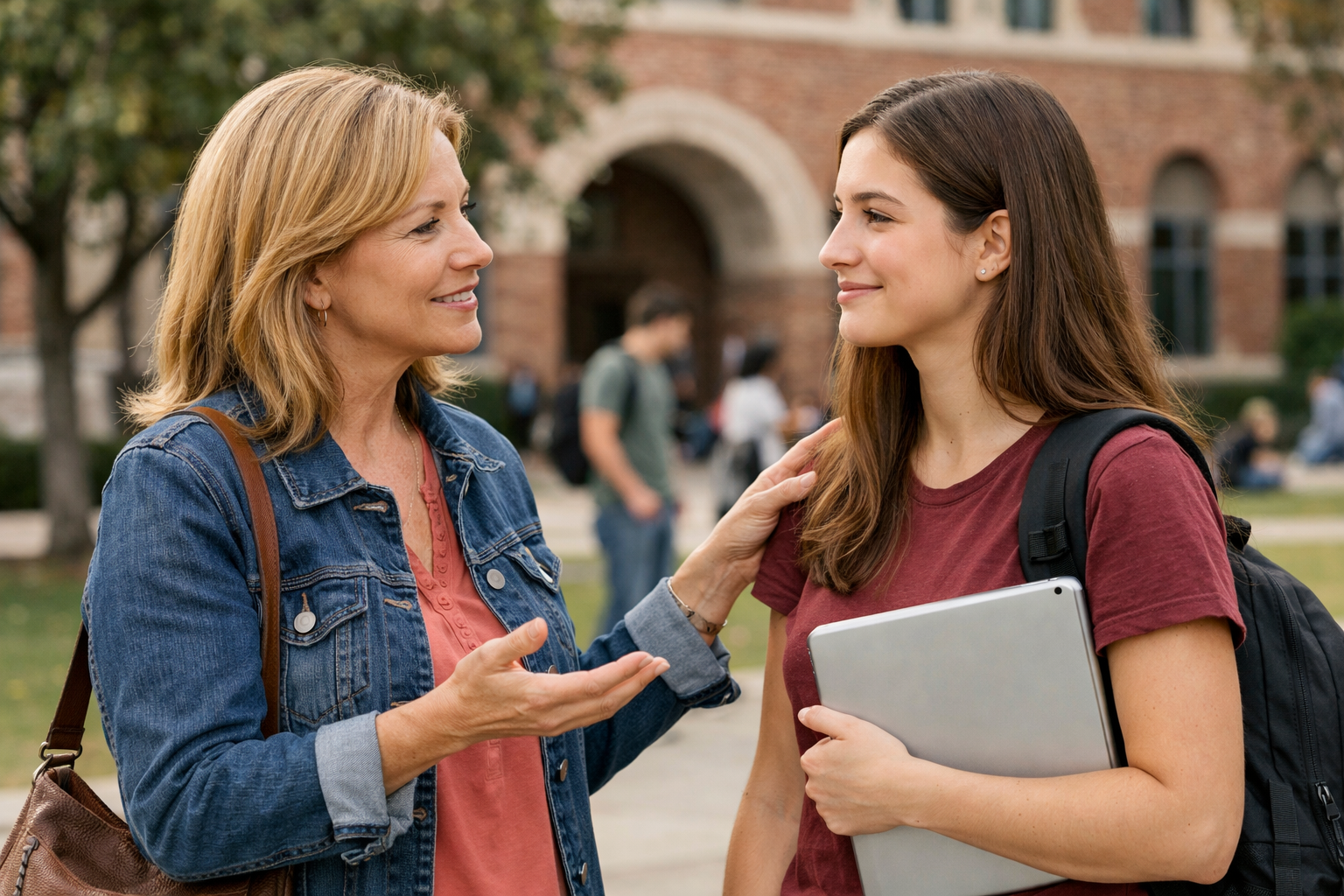 Parent and college student having supportive conversation on campus about balancing independence with connection