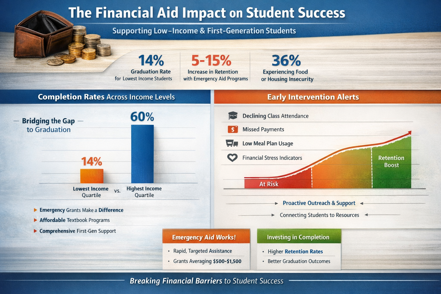 College retention dashboard showing financial aid impact on low-income student completion rates and early intervention alerts