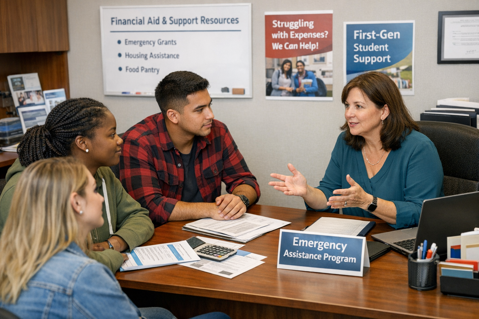 Low-income college students meeting with financial aid advisor to discuss emergency aid programs and support