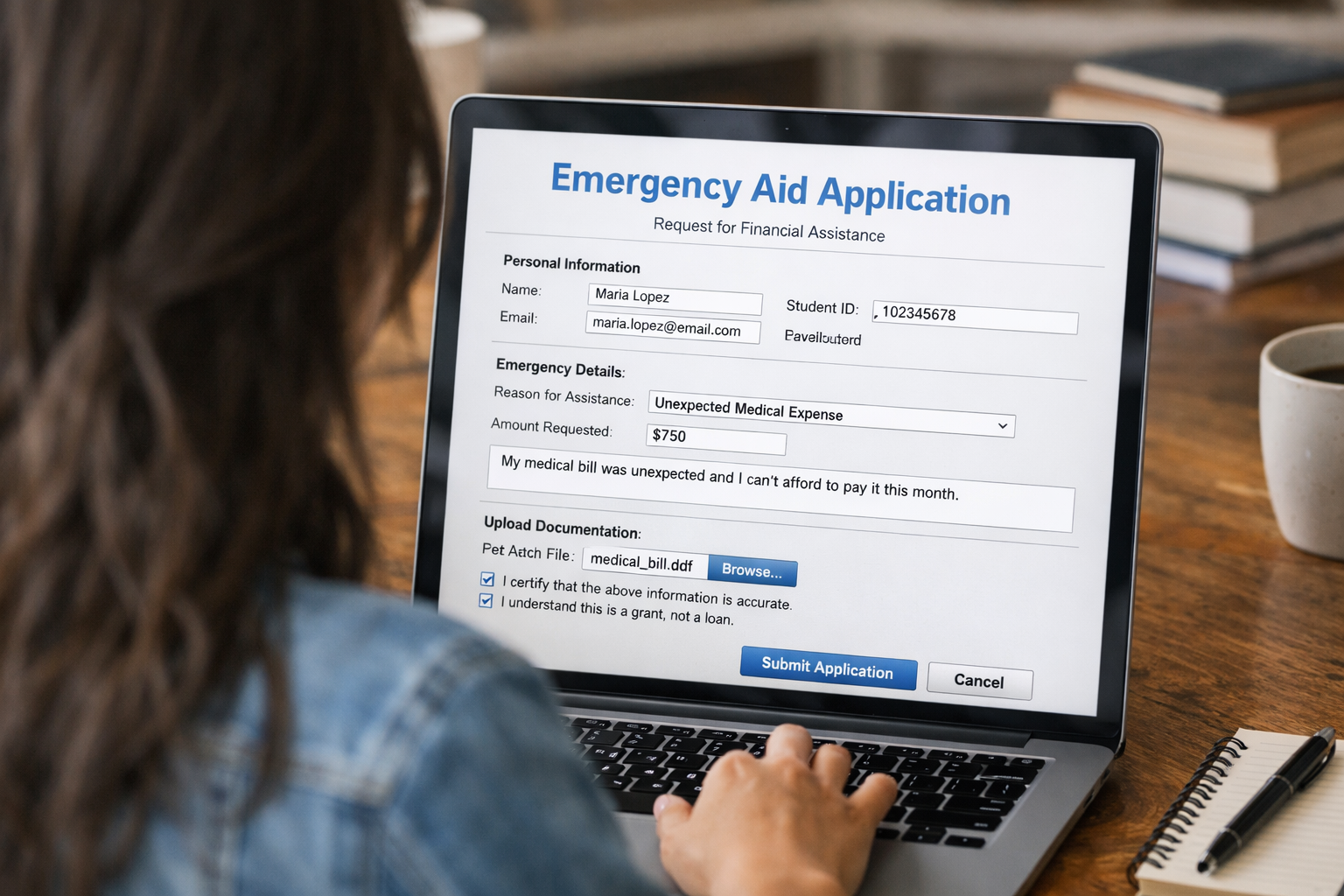 First-generation college student completing emergency aid application for financial assistance on laptop