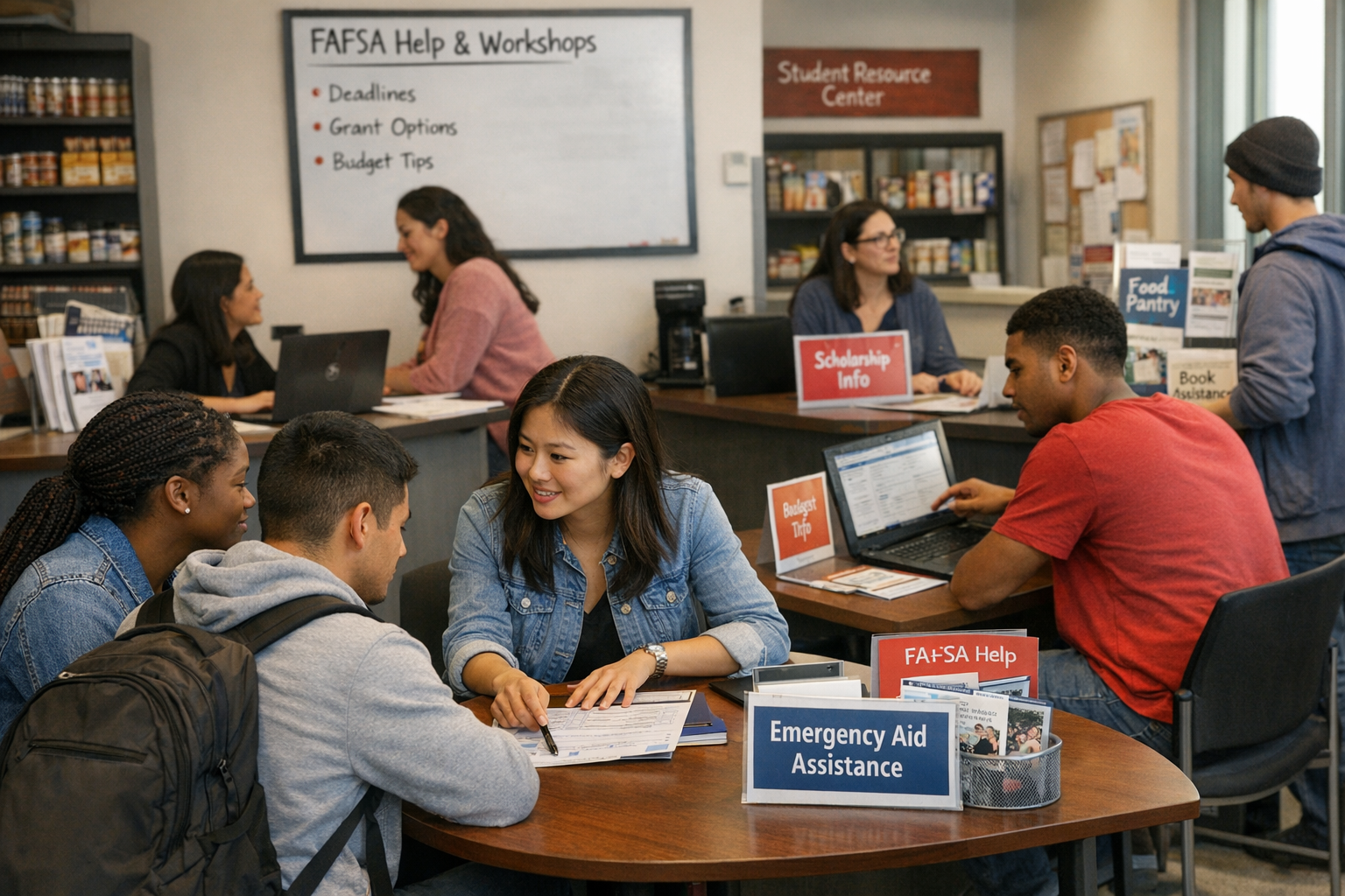 Low-income students accessing financial aid resources at campus support center with peer advisors
