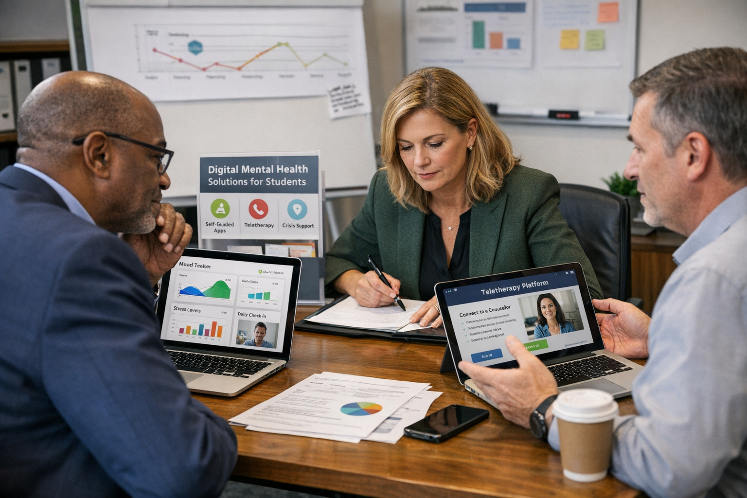 Campus leaders evaluating digital mental health tools and platforms for student services Student affairs administrators reviewing digital mental health tools for campus implementation
