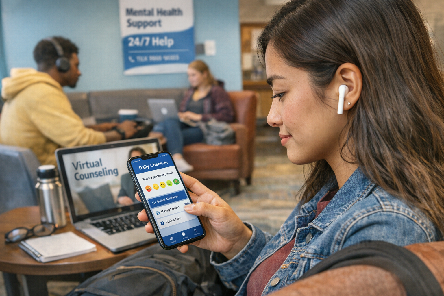 Student using digital mental health tools on smartphone for campus wellness support College student accessing digital mental health tools through mobile app for wellbeing support